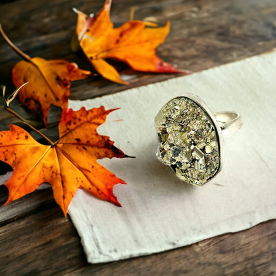 Pyrite Ring for Prosperity and Confidence Adjustable Unisex Jewelry Gifts