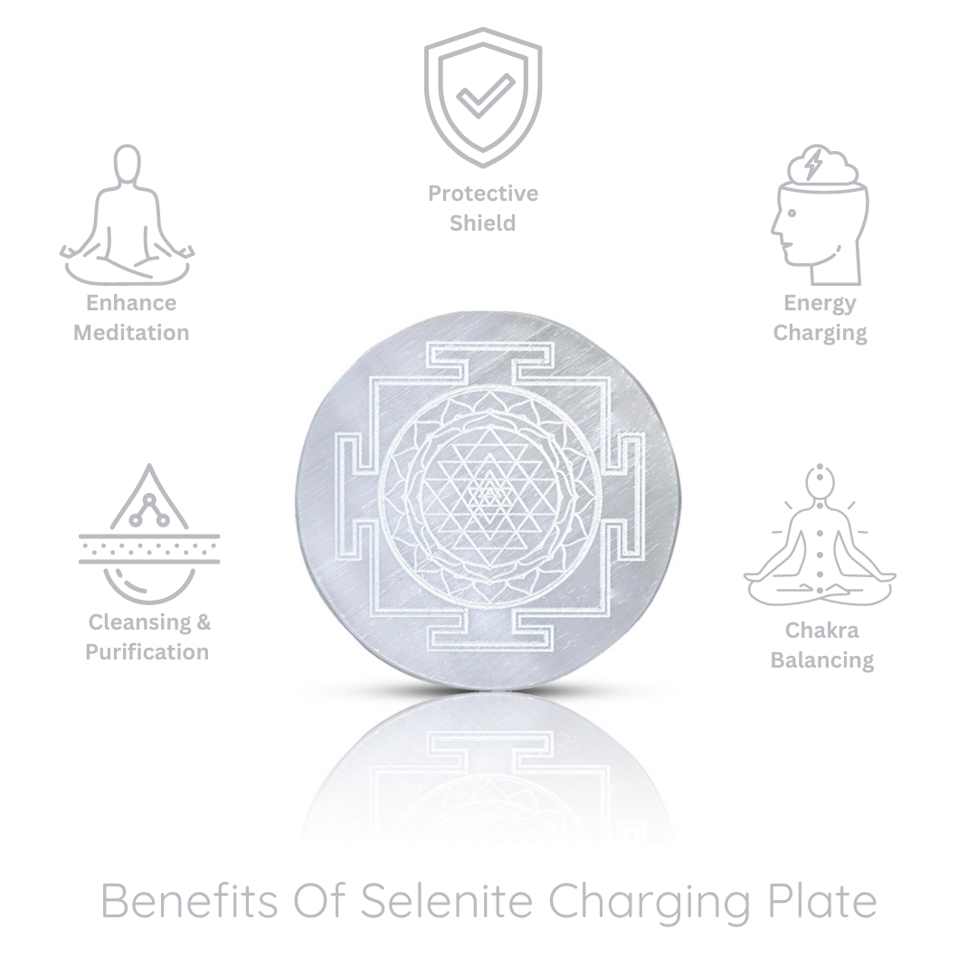 Selenite Charging Plate with Engraved Shree Yantra Symbol for Home Decor, Reiki Healing, Meditation, Pooja, and Vastu