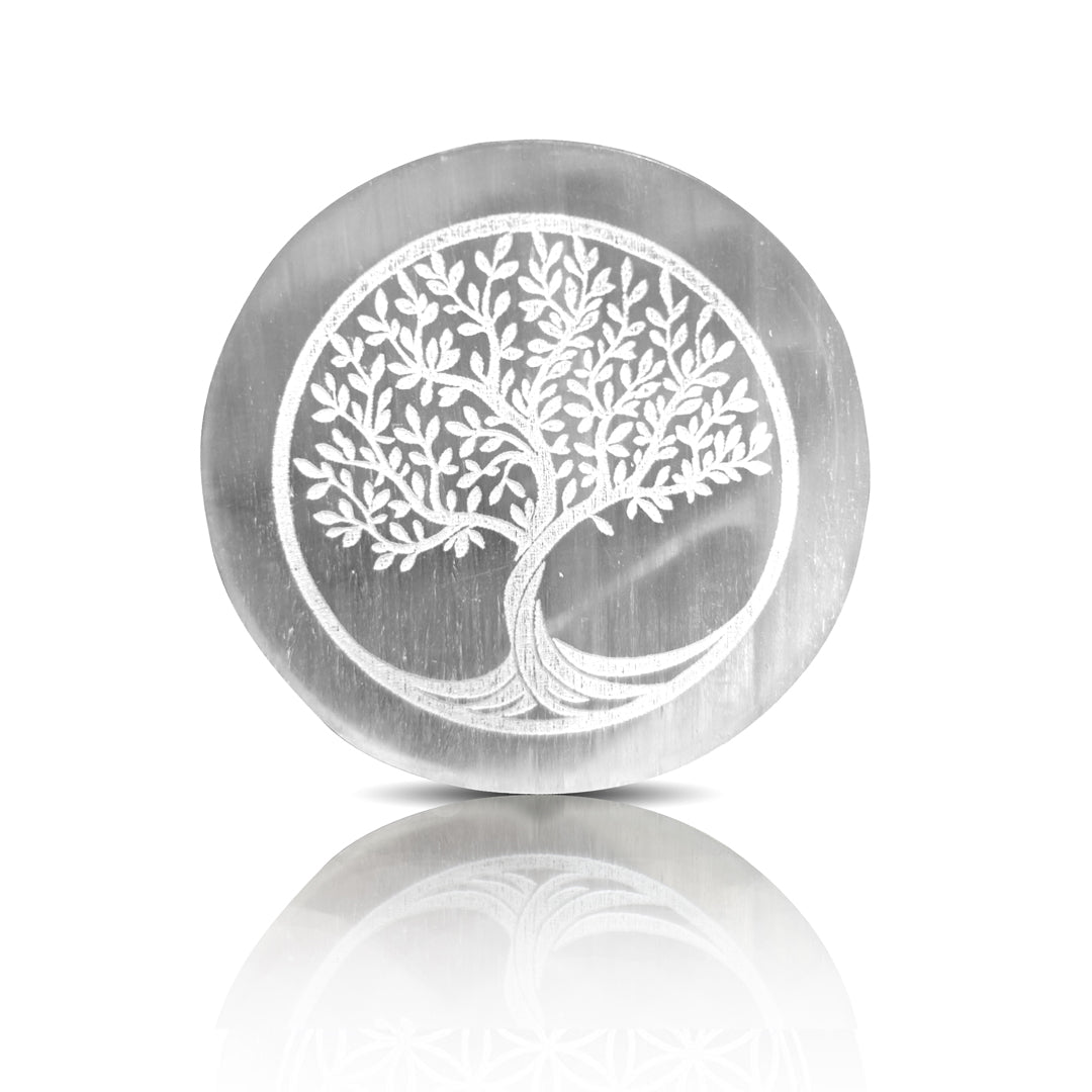 SELENITE CHARGING PLATE WITH ENGRAVED TREE OF LIFE SYMBOL FOR HOME DECOR, REIKI HEALING, MEDITATION, POOJA, AND VASTU - Real Crystal