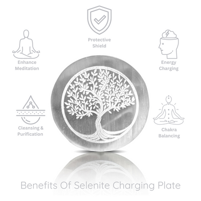 SELENITE CHARGING PLATE WITH ENGRAVED TREE OF LIFE SYMBOL FOR HOME DECOR, REIKI HEALING, MEDITATION, POOJA, AND VASTU - Real Crystal