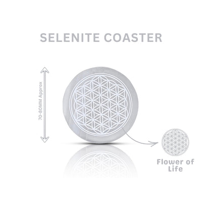 Selenite Charging Plate with Engraved Flower of Life Symbol for Home Decor, Reiki Healing, Meditation, Pooja, and Vastu - Real Crystal