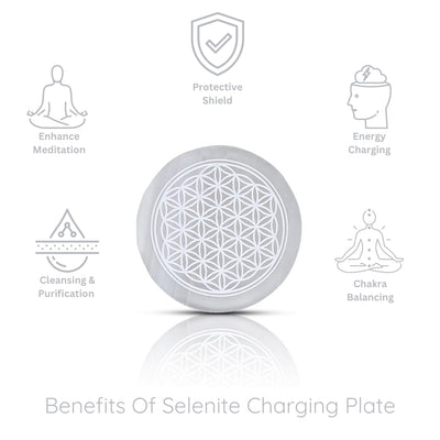 Selenite Charging Plate with Engraved Flower of Life Symbol for Home Decor, Reiki Healing, Meditation, Pooja, and Vastu - Real Crystal