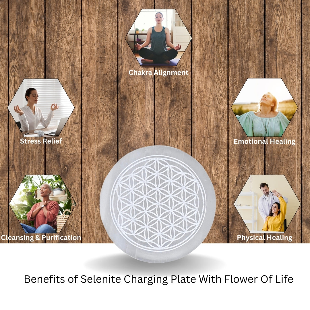 Selenite Charging Plate with Engraved Flower of Life Symbol for Home Decor, Reiki Healing, Meditation, Pooja, and Vastu - Real Crystal