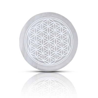 Selenite Charging Plate with Engraved Flower of Life Symbol for Home Decor, Reiki Healing, Meditation, Pooja, and Vastu - Real Crystal